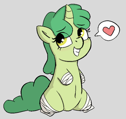 Size: 586x553 | Tagged: safe, artist:heretichesh, oc, oc only, oc:lucky leaf, pony, unicorn, amputee, bandage, belly, blushing, curved horn, cute, female, gray background, grin, happy, heart, horn, looking up, mare, ocbetes, pictogram, quadruple amputee, simple background, smiling, solo, speech bubble, squee