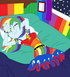 Size: 1626x1782 | Tagged: artist needed, source needed, safe, rainbow dash, equestria girls, g4, 1000 hours in ms paint, arm behind head, armpits, base used, bed, bedroom, bedsheets, bedside stand, blanket, breasts, busty rainbow dash, clothes, eyes closed, female, jewelry, night, skirt, sleeping, solo