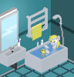 Size: 768x800 | Tagged: safe, artist:nitobit, derpibooru exclusive, derpy hooves, pegasus, pony, animated, bath, bathroom, female, gif, isometric, mare, mirror, pixel art, playing, reflection, rubber duck, shower head, solo, toothbrush, towel, water