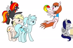Size: 2176x1440 | Tagged: safe, artist:windy breeze, derpibooru exclusive, oc, oc only, oc:flame runner, oc:ire heaven, oc:stormlight, oc:windy breeze, oc:writer rhyme, pegasus, pony, unicorn, aroused, beach ball, bedroom eyes, blood, blushing, clothes, female, flying, male, mare, nosebleed, panties, pervert, pointing, ponytail, sandcastle, simple background, stallion, striped panties, striped underwear, swimsuit, tail, tail wrap, underwear, white background