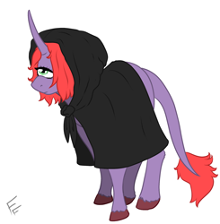 Size: 1738x1772 | Tagged: safe, artist:ponykittenboi, oc, oc only, oc:wavering hoof, cyclops, hybrid, pony, unicorn, cloak, clothes, pony cyclops hybrid, simple background, solo, unshorn fetlocks, white background