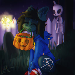 Size: 1200x1200 | Tagged: safe, artist:lulek4aiok, earth pony, pony, undead, zombie, zombie pony, bone, bring me the horizon, candy, clothes, commission, costume, decoration, eyes closed, fangs, fence, food, glasgow smile, grass, gravestone, halloween, halloween costume, happy, holiday, hoodie, jack-o-lantern, male, mouth hold, night, night sky, oliver sykes, outdoors, ponified, pumpkin, scar, signature, sitting, skeleton, sky, smiling, sonic the hedgehog, sonic the hedgehog (series), stallion, stars, stitches, tattoo, torn ear, tree, ych result