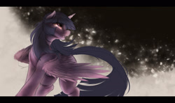 Size: 2200x1300 | Tagged: safe, artist:ventious, twilight sparkle, alicorn, pony, g4, abstract background, dutch angle, female, flowing tail, horn, letterboxing, looking sideways, solo, spread wings, tail, twilight sparkle (alicorn), wings, wip