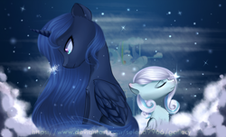 Size: 2800x1700 | Tagged: safe, artist:selena9966, princess luna, oc, oc:snowdrop, pony, g4, snow, snowflake