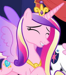 Size: 1332x1517 | Tagged: safe, screencap, princess cadance, shining armor, alicorn, pony, g4, my little pony best gift ever, cropped, crown, cute, cutedance, eyes closed, female, jewelry, male, mare, regalia, solo focus, spread wings, twilight's castle, wings