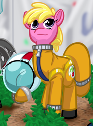 Size: 750x1015 | Tagged: safe, artist:texasuberalles, cherry berry, earth pony, pony, fanfic:the maretian, g4, astronaut, clothes, cropped, fanfic, fanfic art, female, food, helmet, mare, plants, pose, smiling, spacesuit, the martian