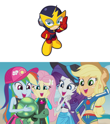Size: 1280x1439 | Tagged: safe, edit, edited screencap, screencap, applejack, fluttershy, rainbow dash, rarity, tank, aww... baby turtles, equestria girls, g4, my little pony equestria girls: better together, cap, clothes, elec man, fluttershy's wetsuit, geode of empathy, geode of fauna, geode of sugar bombs, geode of super speed, geode of super strength, geode of telekinesis, hat, magical geodes, mega man (series), sarong, sun hat, swimsuit, wetsuit