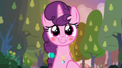 Size: 1920x1080 | Tagged: safe, screencap, sugar belle, pony, g4, the big mac question, blushing, cute, female, jewelry, necklace, pear tree, ring, solo, sugarbetes, tree
