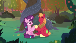 Size: 1920x1080 | Tagged: safe, screencap, big macintosh, sugar belle, g4, the big mac question, apple, apple tree, holding hooves, intertwined trees, pear tree, rock, tree