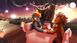 Size: 3840x2160 | Tagged: safe, artist:sugar morning, oc, oc only, oc:digidash, oc:grimvale, griffon, pegasus, pony, anniversary, cake, date, food, gay, griffon oc, high res, love, male, pegasus oc, restaurant, romantic, sunset, tree, wings