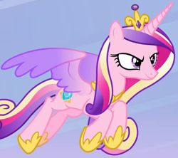 Size: 1462x1297 | Tagged: safe, screencap, princess cadance, alicorn, pony, g4, my little pony best gift ever, cropped, crown, female, flying, hoof shoes, jewelry, mare, regalia, smug, solo, spread wings, tiara, wings
