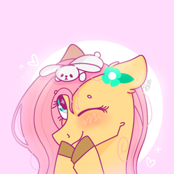 Size: 768x768 | Tagged: safe, artist:valkiria, derpibooru exclusive, angel bunny, fluttershy, pegasus, pony, g4, angelbetes, blushing, cute, flower, heart, pink background, shyabetes, simple background