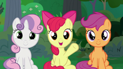 Size: 1920x1080 | Tagged: safe, screencap, apple bloom, scootaloo, sweetie belle, earth pony, pegasus, pony, unicorn, g4, the big mac question, adorabloom, apple bloom's bow, bow, cute, cutealoo, cutie mark crusaders, diasweetes, female, filly, foal, folded wings, hair bow, looking at you, open mouth, raised hoof, sitting, smiling, waving, wings