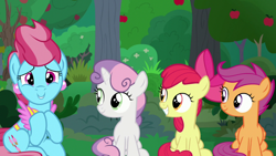 Size: 1920x1080 | Tagged: safe, screencap, apple bloom, cup cake, scootaloo, sweetie belle, g4, my little pony: friendship is magic, the big mac question, apple, apple tree, cutie mark crusaders, tree