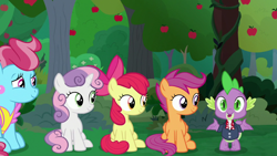 Size: 1920x1080 | Tagged: safe, screencap, apple bloom, cup cake, scootaloo, spike, sweetie belle, dragon, g4, my little pony: friendship is magic, the big mac question, apple, apple tree, cutie mark crusaders, tree, winged spike, wings