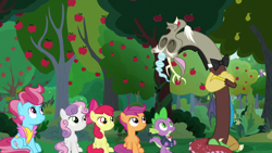 Size: 1920x1080 | Tagged: safe, screencap, apple bloom, cup cake, discord, scootaloo, spike, sweetie belle, draconequus, dragon, earth pony, pony, g4, the big mac question, apple, apple tree, cutie mark crusaders, pear tree, tree, winged spike, wings