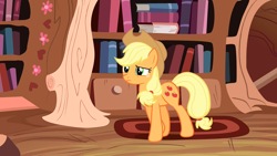 Size: 1280x720 | Tagged: safe, screencap, applejack, earth pony, pony, g4, spike at your service, female, golden oaks library, mare, solo, walking