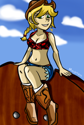 Size: 800x1200 | Tagged: safe, artist:magnum3000, applejack, human, g4, alternate hairstyle, boots, braid, breasts, busty applejack, clothes, cloud, daisy dukes, female, hat, humanized, midriff, outdoors, shoes, shorts, sitting, smiling, solo, straw in mouth