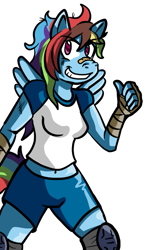 Size: 437x754 | Tagged: safe, artist:magnum3000, rainbow dash, pegasus, anthro, g4, arm wraps, bandaid, bandaid on nose, clothes, female, grin, knee pads, shirt, shorts, simple background, smiling, solo, t-shirt, tomboy, white background