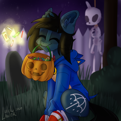 Size: 1200x1200 | Tagged: safe, alternate version, artist:lulek4aiok, earth pony, pony, undead, zombie, zombie pony, bone, bring me the horizon, candy, clothes, commission, costume, decoration, eyes closed, fangs, fence, food, glasgow smile, grass, gravestone, halloween, halloween costume, happy, holiday, hoodie, jack-o-lantern, male, mouth hold, night, night sky, oliver sykes, outdoors, ponified, pumpkin, scar, signature, sitting, skeleton, sky, smiling, sonic the hedgehog, sonic the hedgehog (series), stallion, stars, stitches, tattoo, torn ear, tree, ych result
