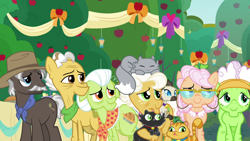 Size: 1920x1080 | Tagged: safe, screencap, apple rose, auntie applesauce, burnt oak, goldie delicious, grand pear, granny smith, cat, g4, the big mac question, apple, apple tree, food, pie, tree