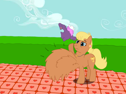 Size: 1280x960 | Tagged: safe, artist:hakar-kerarmor, ms. harshwhinny, earth pony, pony, g4, chest fluff, clothes, ear piercing, earring, female, impossibly large chest fluff, jewelry, mare, piercing, solo, undressing