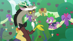 Size: 1920x1080 | Tagged: safe, screencap, discord, spike, draconequus, dragon, g4, the big mac question, apple, apple tree, male, tree, winged spike, wings