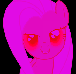 Size: 1572x1536 | Tagged: safe, artist:eruvon, artist:mellow91, artist:whifi, edit, fluttershy, oc, oc:valentinia, pony, g4, bedroom eyes, black background, female, flirting, glowing eyes, mare, pink, possessed, seductive, seductive look, simple background