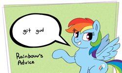 Size: 2009x1217 | Tagged: safe, artist:heretichesh, rainbow dash, pegasus, pony, g4, advice, drawthread, female, five nights at fuckboy's, git gud, my little fucking pony, raised hoof, requested art, solo, speech bubble, talking to viewer