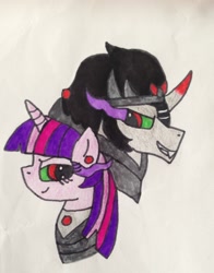 Size: 1280x1636 | Tagged: safe, artist:dragonpriness, king sombra, twilight sparkle, alicorn, pony, unicorn, g4, bevor, bust, chestplate, corrupted, corrupted twilight sparkle, crown, dark, dark equestria, dark magic, dark queen, dark twilight, dark twilight sparkle, dark world, darklight, darklight sparkle, duo, ear piercing, earring, evil grin, evil twilight, female, gorget, grin, jewelry, magic, male, necklace, peytral, piercing, possessed, queen of shadows, queen twilight, queen twilight sparkle, regalia, ship:twibra, shipping, simple background, smiling, sombra empire, sombra eyes, straight, studs, tiara, traditional art, twilight is anakin, twilight sparkle (alicorn), tyrant sparkle, white background