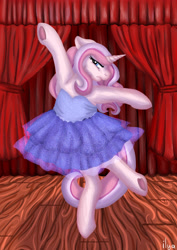 Size: 2894x4093 | Tagged: safe, artist:sugar lollipop, oc, oc only, oc:sugar lollipop, pony, unicorn, angry, arms in the air, ballerina, ballet, chubby, clothes, complex background, cute, dancing, dress, en pointe, female, frog (hoof), horn, mare, request, requested art, scenery, solo, tiptoe, tutu, underhoof, unicorn oc