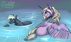 Size: 1200x706 | Tagged: safe, artist:sunny way, oc, alicorn, earth pony, pony, back, butt, cute, duo, feather, female, horn, male, mare, patreon, patreon reward, plot, pony oc, shy, size difference, sketch, smiling, stallion, swimming, water, wet, wings