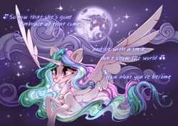 Size: 4093x2894 | Tagged: safe, artist:shore2020, princess celestia, alicorn, pony, g4, crying, female, jewelry, mare, mare in the moon, moon, necklace, night, solo, spread wings, wings