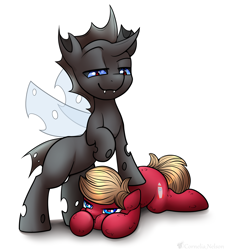 Size: 2632x2919 | Tagged: safe, artist:cornelia_nelson, oc, oc only, oc:cherry soda(the_laundry), oc:lunason, oc:spacehorse, changeling, earth pony, pony, domination, duo, high res, lying, stepped on
