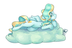 Size: 1500x1000 | Tagged: safe, artist:mannybcadavera, vapor trail, pegasus, pony, g4, cloud, female, lying down, mare, on a cloud, prone, simple background, solo, white background