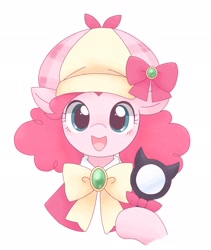 Size: 1729x2048 | Tagged: dead source, safe, artist:ginmaruxx, pinkie pie, earth pony, pony, g4, alternate hairstyle, bust, clothes, cosplay, costume, crossover, cute, deerstalker, detective, diapinkes, female, hat, hoof hold, looking at you, magnifying glass, mare, open mouth, sherlock shellingford, simple background, smiling, solo, suzuko mimori, tantei opera milky holmes, tstivv is trying to murder us, voice actor joke, white background