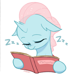 Size: 2600x2600 | Tagged: safe, artist:maren, ocellus, changeling, g4, book, cute, diaocelles, eyes closed, female, high res, hoof hold, onomatopoeia, simple background, sleeping, solo, sound effects, that changeling sure does love books, white background, zzz
