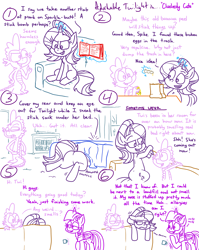 Size: 4779x6013 | Tagged: safe, artist:adorkabletwilightandfriends, spike, starlight glimmer, twilight sparkle, alicorn, dragon, pony, unicorn, comic:adorkable twilight and friends, g4, adorkable, adorkable twilight, allergies, ass up, bag, banana, bed, bedroom, book, butt, comic, couch, cute, dimples, dimples of venus, dork, egg, eggshell, fail, food, friendship, glimmer glutes, glowing horn, horn, humor, levitation, lying down, magic, magic aura, nostril flare, nostrils, plot, prank, prank fail, scheming, sitting, slice of life, sniffing, sniffling, stink bomb, tail, telekinesis, twilight sparkle (alicorn)
