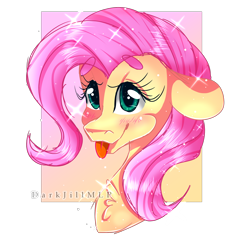 Size: 2000x2000 | Tagged: safe, artist:darkjillmlp123, fluttershy, pegasus, pony, g4, :p, beanbrows, blushing, bust, chest fluff, cute, eyebrows, eyebrows visible through hair, female, floppy ears, gradient background, high res, looking at you, mare, partial background, portrait, shyabetes, simple background, smiling, solo, sparkles, three quarter view, tongue out, transparent background