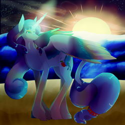 Size: 5800x5800 | Tagged: safe, artist:florarena-kitasatina/dragonborne fox, applejack, fluttershy, rarity, alicorn, pony, g4, absurd resolution, beach, colored wings, fusion, lens flare, leonine tail, multicolored mane, multicolored wings, outdoors, shading, signature, solo, sunset, unshorn fetlocks, watermark, wings