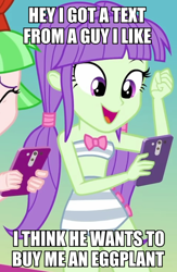 Size: 584x895 | Tagged: safe, edit, edited screencap, screencap, drama letter, starlight, watermelody, equestria girls, equestria girls series, g4, i'm on a yacht, spoiler:eqg series (season 2), background human, bare shoulders, beach shorts swimsuit, bikini, caption, cellphone, clothes, cropped, eyes closed, female, image macro, innocent, innuendo, midriff, oblivious, phone, sexually oblivious, sleeveless, smartphone, solo focus, striped swimsuit, swimsuit, text