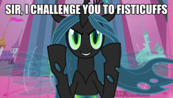 Size: 900x506 | Tagged: safe, edit, edited screencap, screencap, queen chrysalis, changeling, changeling queen, a canterlot wedding, g4, animation error, caption, evil grin, female, grin, image macro, numbers, raised hooves, smiling, smiling at you, solo, text