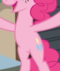 Size: 343x402 | Tagged: safe, screencap, pinkie pie, pony, g4, hearthbreakers, belly, bipedal, cropped, female, open mouth, pictures of bellies, smiling, solo