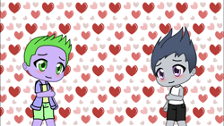 Size: 2208x1242 | Tagged: safe, artist:undeadponysoldier, rumble, spike, human, g4, blushing, clothes, gacha life, gay, hand on arm, heart, holiday, humanized, male, older, older rumble, older spike, pony coloring, ship:rumblespike, shipping, valentine's day