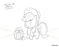 Size: 894x720 | Tagged: safe, artist:fernandojc-draftsman, earth pony, pony, apple, bucket, chibi, female, food, freckles, hat, lineart, mare, monochrome, signature, smiling, solo