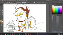 Size: 1366x768 | Tagged: safe, artist:fernandojc-draftsman, screencap, applejack, earth pony, pony, g4, apple, bucket, chibi, female, food, freckles, hat, lineart, mare, partial color, signature, smiling, solo