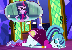 Size: 3000x2083 | Tagged: safe, artist:gmaplay, sci-twi, sonata dusk, twilight sparkle, equestria girls, g4, clothes, converse, dream bubble, eyes closed, female, high res, lesbian, ship:sci-twinata, ship:twinata, shipping, shoes, sleeping, socks, twilight's castle