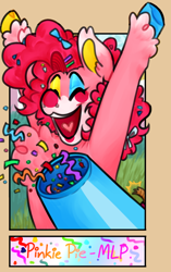 Size: 666x1063 | Tagged: safe, alternate version, artist:charlie-fell, pinkie pie, earth pony, pony, g4, :d, bust, cheering, chest fluff, clown, confetti, cute, diapinkes, eyes closed, female, heart mouth, hoof polish, mare, open mouth, party cannon, smiling, solo, unshorn fetlocks