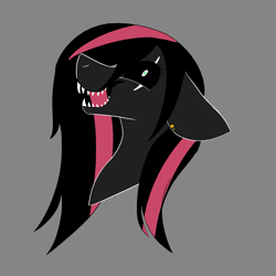Size: 2449x2449 | Tagged: safe, artist:toptian, oc, oc only, earth pony, pony, black sclera, bust, earth pony oc, eye scar, gray background, high res, open mouth, scar, sharp teeth, simple background, solo, teeth