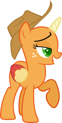 Size: 975x1926 | Tagged: safe, artist:pegasski, applejack, oc, oc only, alicorn, pony, fame and misfortune, g4, alicorn oc, bald, base, bedroom eyes, eyelashes, female, freckles, hat, horn, mare, open mouth, raised hoof, simple background, smiling, solo, transparent background, two toned wings, wings